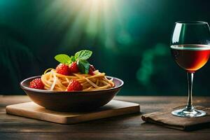 spaghetti avec des fraises et une verre de rouge du vin. généré par ai photo