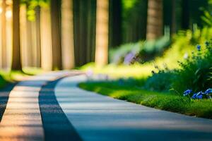 une longue route avec des arbres et fleurs dans le Contexte. généré par ai photo