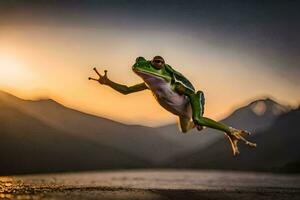 une grenouille sauter dans le air à le coucher du soleil. généré par ai photo