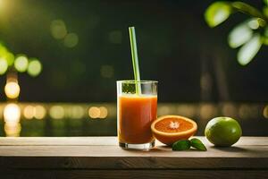 une verre de Orange jus avec une paille et citron vert sur une en bois tableau. généré par ai photo