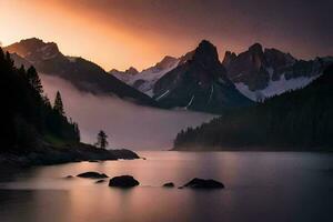 une Lac et montagnes dans le Contexte à le coucher du soleil. généré par ai photo