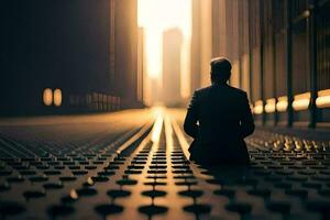 une homme séance sur le sol dans de face de une ville. généré par ai photo