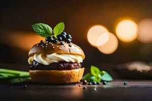 une Hamburger avec crème et baies sur une en bois tableau. généré par ai photo