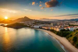 le Soleil ensembles plus de une plage et ville dans Brésil. généré par ai photo