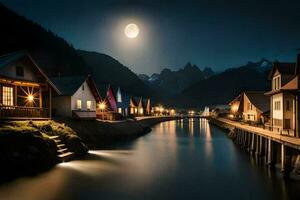 photo fond d'écran le lune, eau, montagnes, Maisons, le nuit, le lune, le nuit. généré par ai