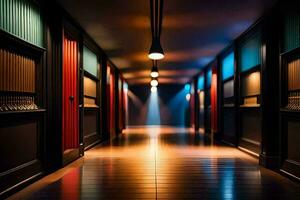 une longue couloir avec lumières sur le mur. généré par ai photo