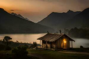 une petit cabane est assis sur le bord de une Lac à le coucher du soleil. généré par ai photo