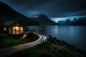 une cabine est assis sur le côté de une Montagne surplombant une lac. généré par ai photo