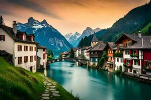 photo fond d'écran le ciel, montagnes, rivière, Maisons, Suisse, le Alpes, sw. généré par ai