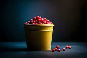 une seau rempli avec rouge baies sur une foncé tableau. généré par ai photo