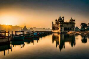 le Soleil monte plus de le Lac dans Inde. généré par ai photo