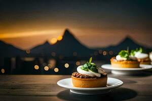Trois mini desserts sur une table avec une vue de le ville. généré par ai photo