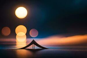 une petit tente est séance sur le l'eau à nuit. généré par ai photo