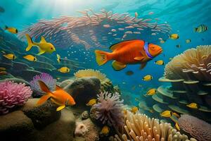 un sous-marin scène avec poisson et coraux. généré par ai photo