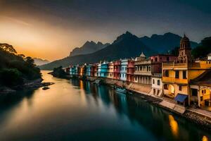 coloré Maisons ligne le banques de une rivière à le coucher du soleil. généré par ai photo