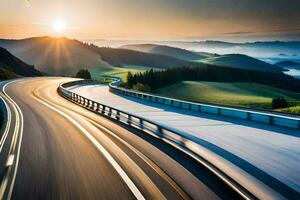 une Autoroute avec une le coucher du soleil dans le Contexte. généré par ai photo