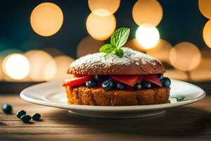 une dessert avec baies et menthe sur une plaque. généré par ai photo