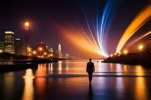 une homme des stands dans le l'eau à nuit avec une ville horizon dans le Contexte. généré par ai photo