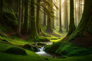 une courant court par une vert forêt. généré par ai photo