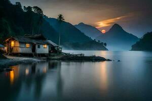 une petit cabane est assis sur le rive de une Lac à le coucher du soleil. généré par ai photo