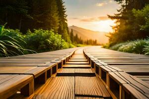 en bois passerelle dans le forêt. généré par ai photo