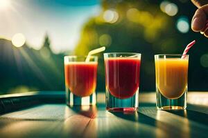 Trois des lunettes de jus avec pailles sur une tableau. généré par ai photo