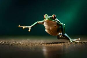 une grenouille sauter sur le sol avec ses jambes diffuser. généré par ai photo