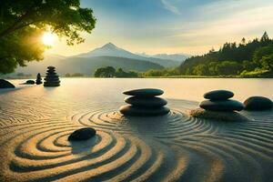 le Zen jardin de le montagnes. généré par ai photo