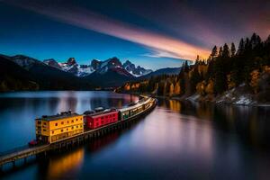 une train en voyageant par le montagnes à le coucher du soleil. généré par ai photo