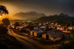 une village dans le montagnes à le coucher du soleil. généré par ai photo