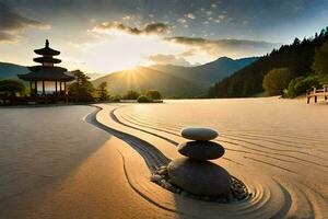 le Zen jardin dans le montagnes. généré par ai photo