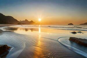 le Soleil monte plus de le océan et rochers sur le plage. généré par ai photo