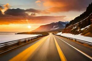 une Autoroute avec neige et montagnes dans le Contexte. généré par ai photo