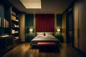une chambre avec une lit, étagère à livres et rouge rideaux. généré par ai photo