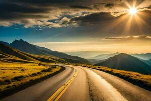 le Soleil brille plus de une route dans le montagnes. généré par ai photo