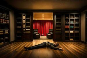 une homme pose sur le sol dans une bibliothèque. généré par ai photo