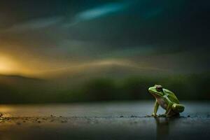 une grenouille séance sur le sol dans de face de une le coucher du soleil. généré par ai photo