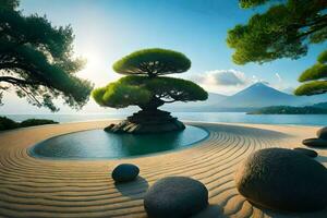 une Zen jardin avec rochers et une arbre. généré par ai photo