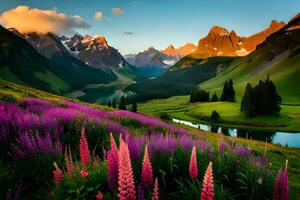 le magnifique paysage de le montagnes et le rivière. généré par ai photo