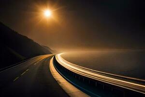 une longue exposition photographier de une Autoroute à nuit. généré par ai photo