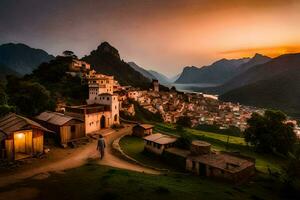le village de la personne à le coucher du soleil. généré par ai photo