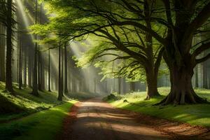 une route par une forêt avec des arbres et rayons de soleil. généré par ai photo