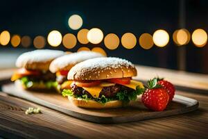 Trois hamburgers sur une en bois plateau avec des fraises. généré par ai photo