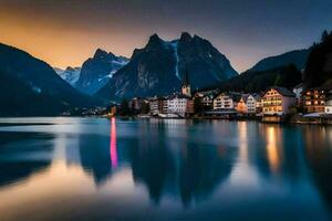 le ville de hallstatt à crépuscule. généré par ai photo