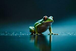 une grenouille séance sur le sol avec l'eau gouttelettes sur il. généré par ai photo