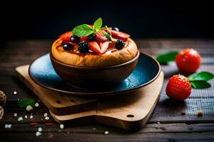 une dessert avec baies et des fraises sur une en bois tableau. généré par ai photo