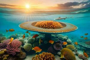 une corail récif avec poisson et un sous-marin champignon. généré par ai photo