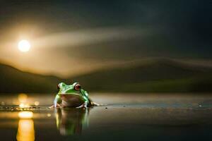 une grenouille séance sur le sol à nuit. généré par ai photo