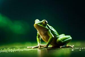 une grenouille séance sur une vert surface avec une foncé Contexte. généré par ai photo