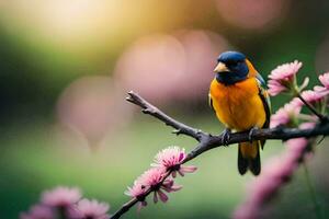 photo fond d'écran le ciel, oiseau, fleurs, printemps, le soleil, le oiseau, le oiseau. généré par ai